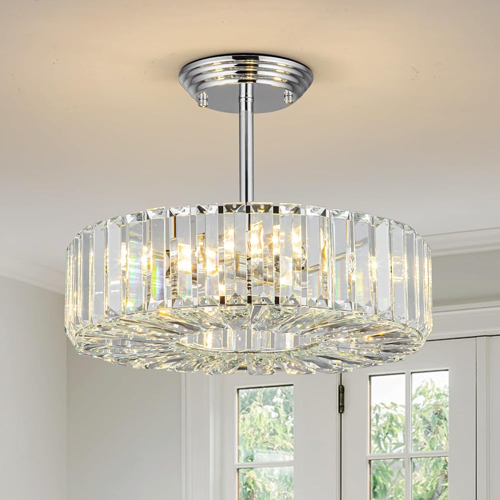 Crystal Chandelier Modern Flush Mount Chandelier Ceiling Light Chrome Chandelier Crystal Pendant Lighting Fixture Dinning Room Chandelier for Living Room Kitchen Entryway Chandelier Bedroom Light