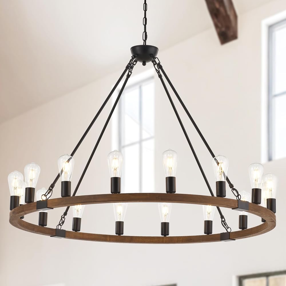Wood Wagon Wheel Chandelier Farmhouse 16-Light 43.3’’ Brown, Black Metal Pendant Chandeliers Wooden Vintage Rustic Light Fixtures Industrial for High Ceiling Living Dining Room Foyer Villa