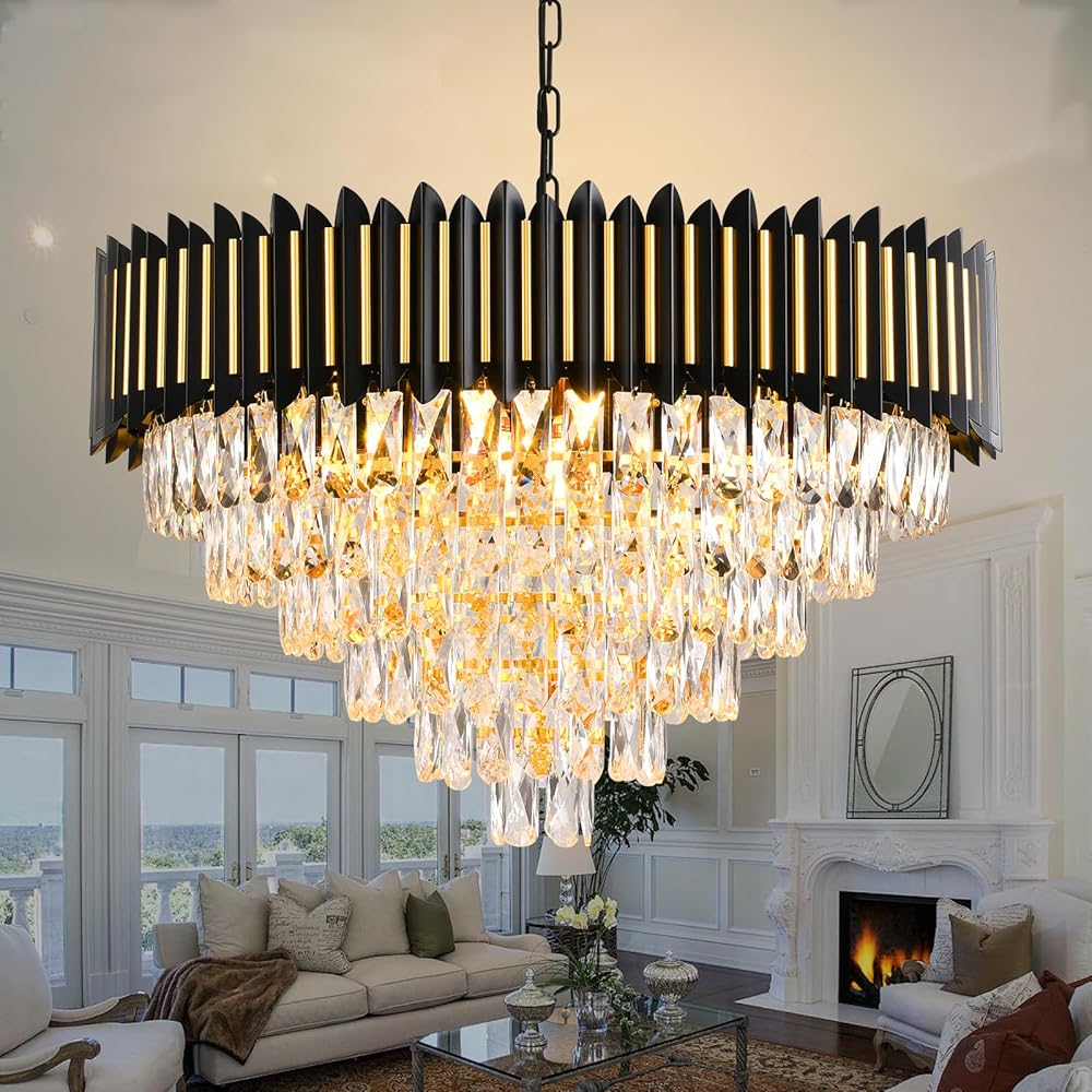 Black and Gold Chandelier 15-Light Modern Crystal Chandeliers for Dining Room Living Room Round 6 Tiers Contemporary Ceiling Hanging Light Pendant Light Fixture for Entryway Staircase Foyer W29''