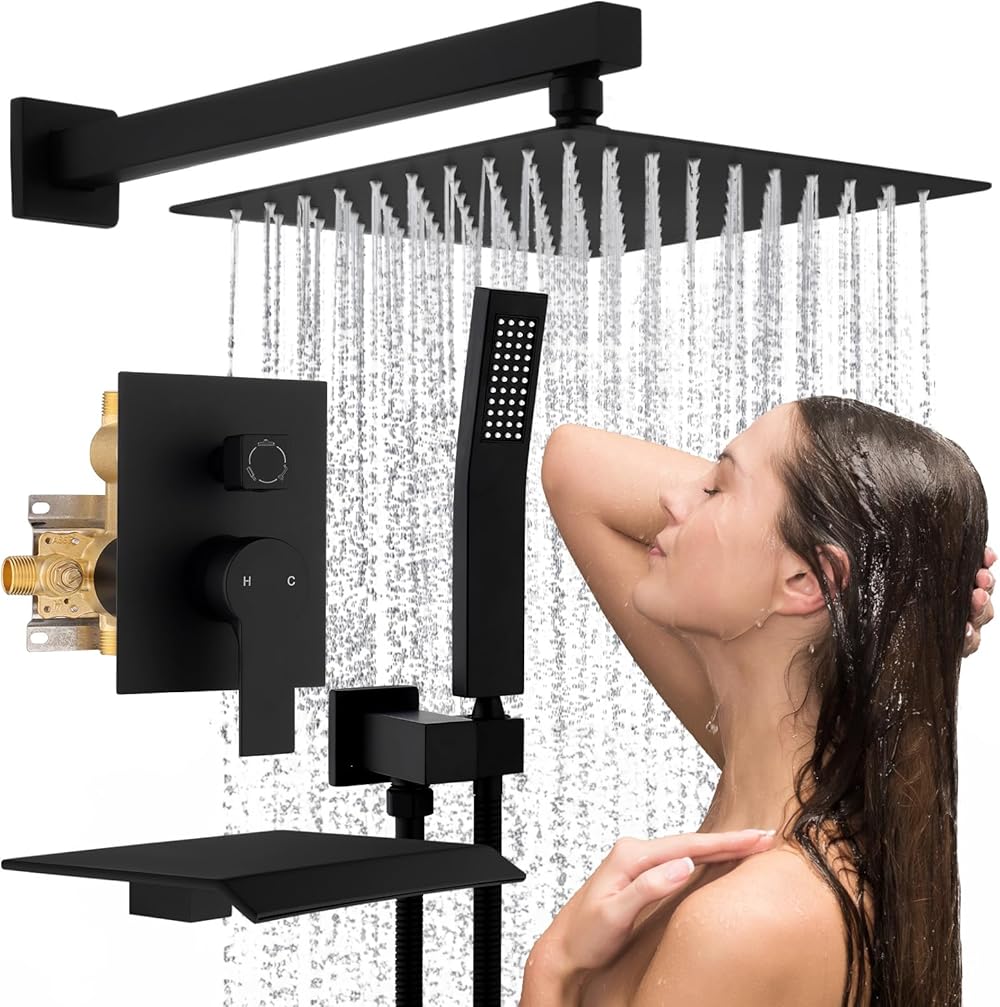 Shower Faucet Set - LEPO Bathroom 10 Inch Rain Mixer Shower Combo Set with High Pressure Rain Shower Head and Handheld Shower Spray, Wall Mount Tub Faucet Shower Valve and Trim Kit, Matte Black