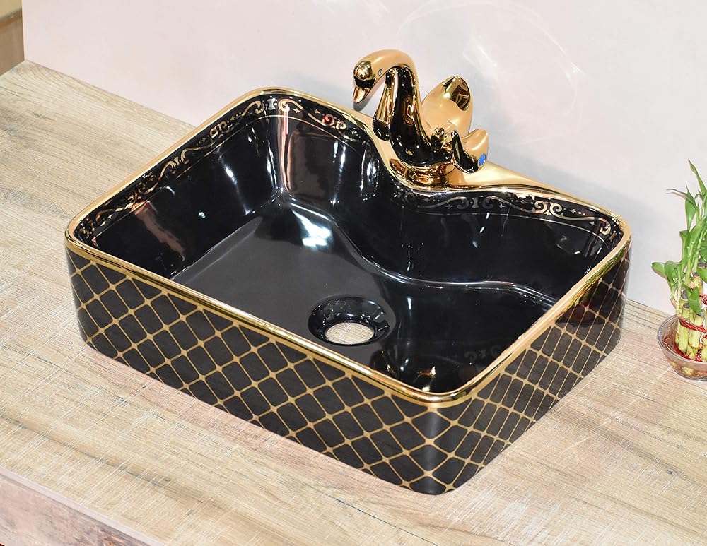 Inart Premium Ceramic Bathroom Decor Countertop or Tabletop Handwash Glossy Designer sink or Wash basin (Golden Black Color | 19 x 15 x 5 Inch)