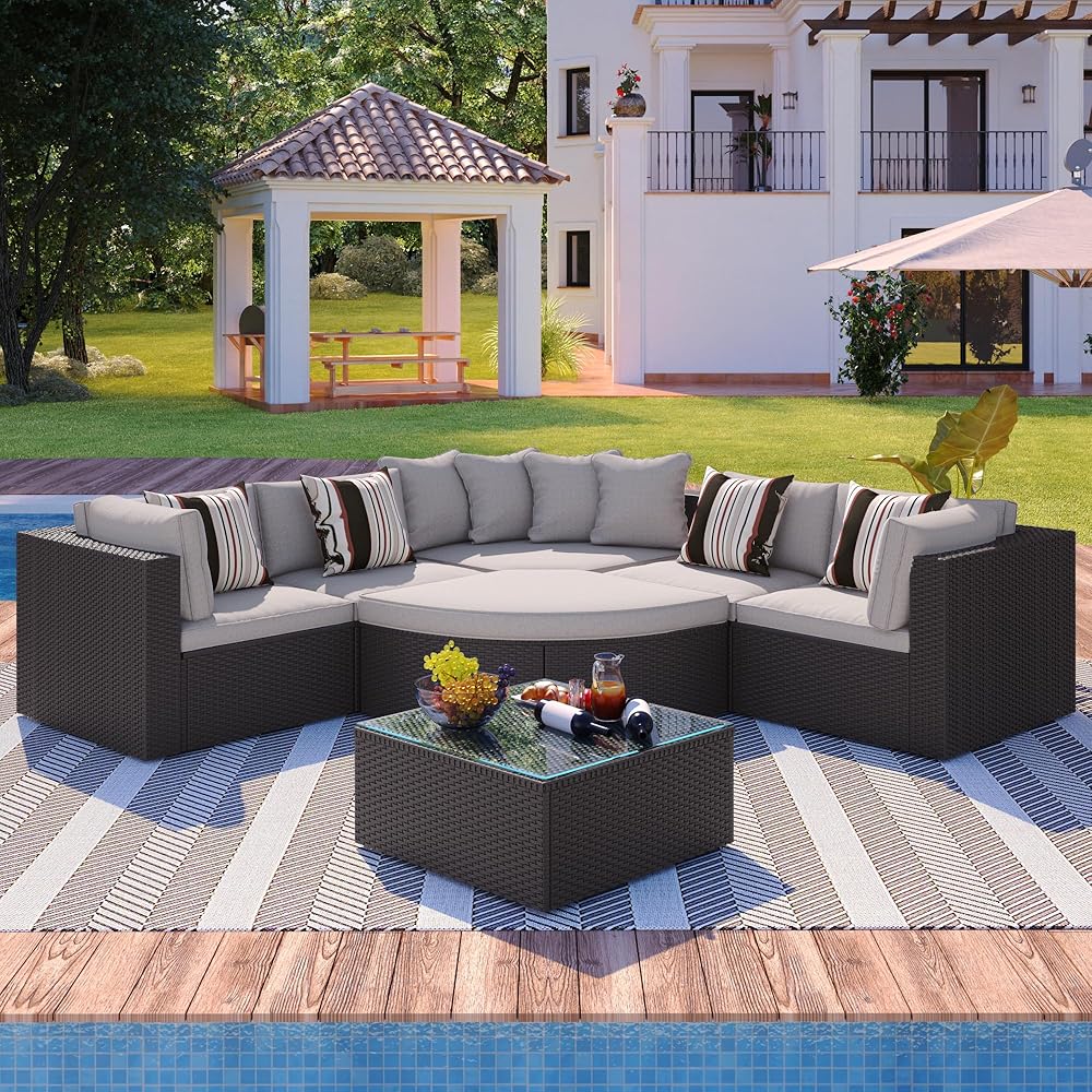 GO 7-Piece Outdoor Wicker Sofa Set, Rattan Sofa Lounger, with Colorful Pillows, Conversation Sofa, for Patio, Garden, Deck, Brown Wicker, Gray Cushion