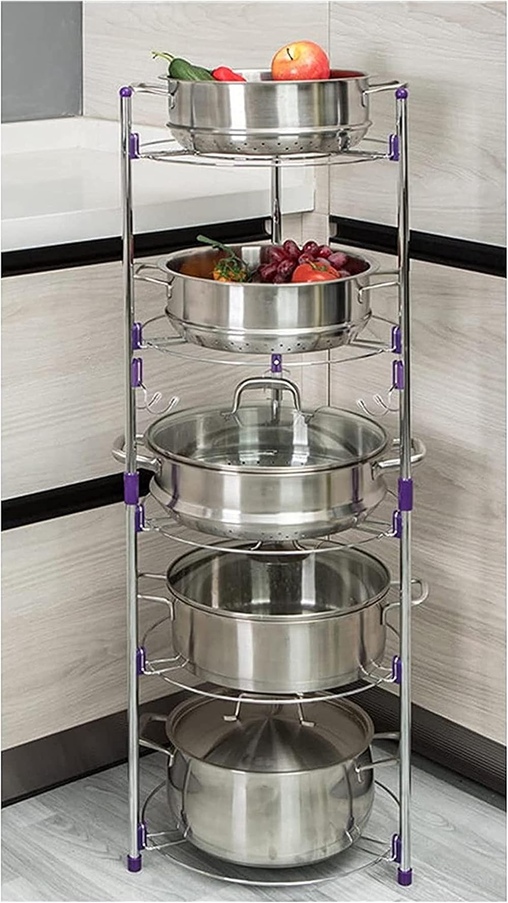 5 Tier Multi-Functional Kitchen Storage Rack, Stainless Steel Pan Pot Organizer Rack Multi-Layer Detachable Rack Pan Organizer Standing Storage Cabinet Pantry(5tier)