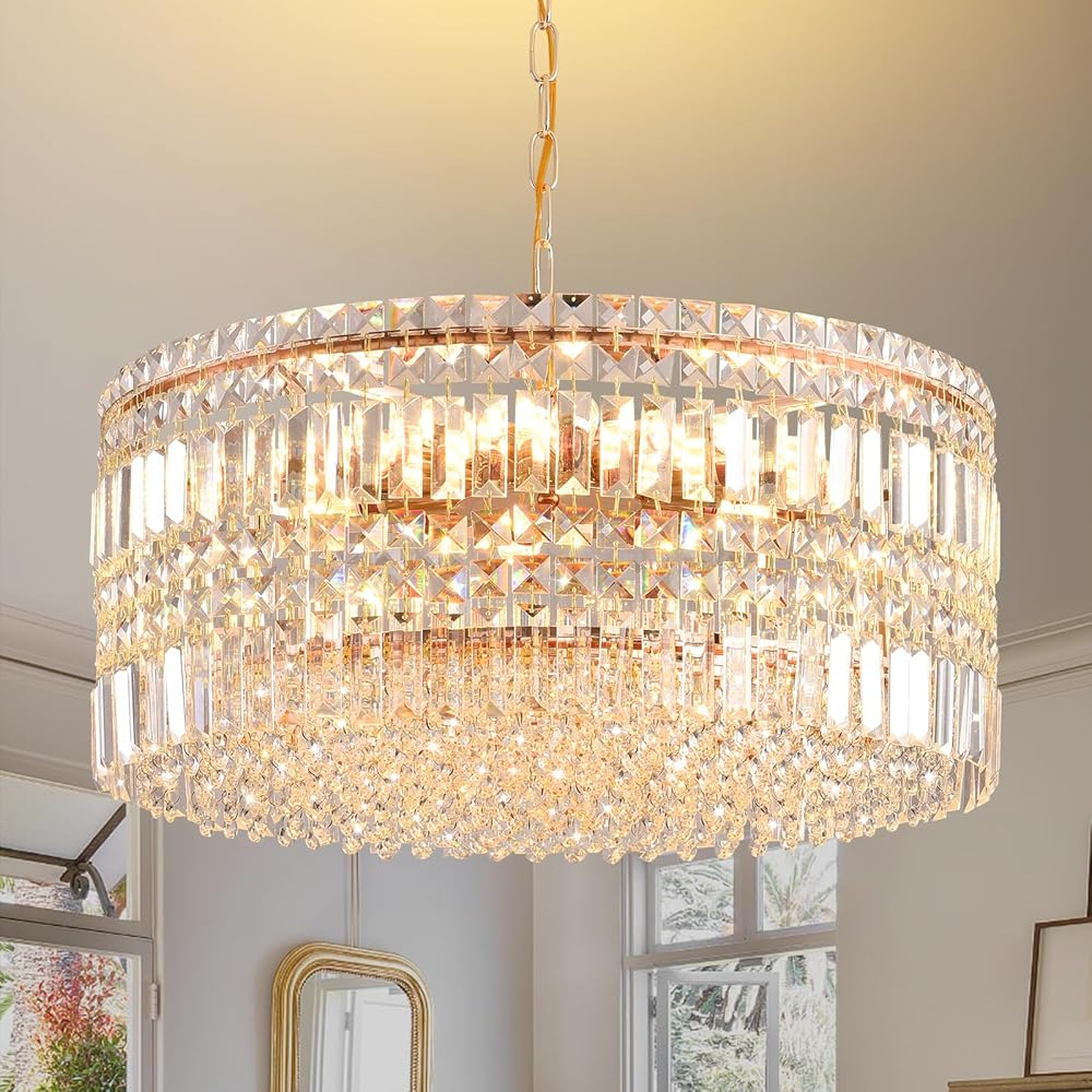 Modern Crystal Chandelier for Dining Room Gold Crystal Chandelier Round Pendant Ceiling Light Fixture Living Room Chandeliers Bedroom Foyer Hallway Entryway Kitchen W23.6''