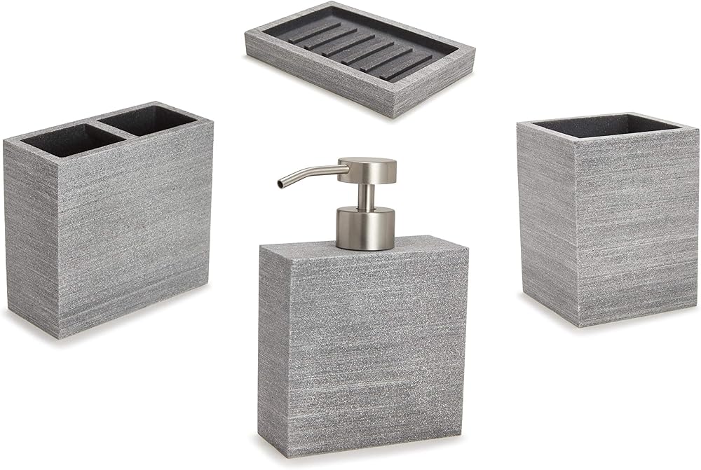 Kassatex 4-Piece Bath Accessory Set, Slate Bath Accessories | Lotion Dispenser, Toothbrush Holder, Tumbler, Soap Dish