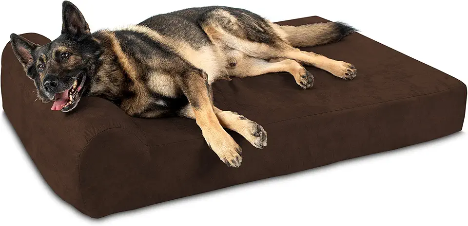 Big Barker Orthopedic Dog Bed w/Headrest - 7” Dog Bed for Large Dogs w/Washable & Chew-Resistant Microsuede Cover - Elevated Dog Bed Made in The USA w/ 10-Year Warranty (Headrest, XL, Chocolate)