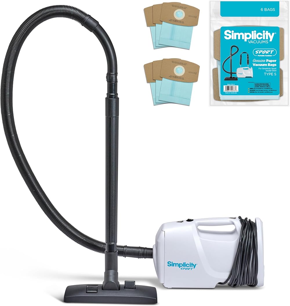 Simplicity Vacuums Bundle with Sport Canister Vacuum Cleaner and Vacuum Bags, Portable Vacuum Cleaner for Hard Floors with Attachments and Storage Bag, Shoulder Vacuum, White