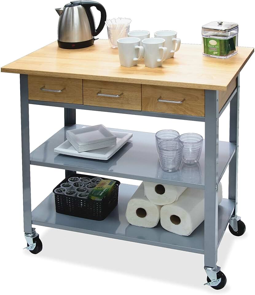Vertiflex Rolling Wooden Countertop Bar Cart with Wheels, Utility Storage Cart for Kitchen, Home, or Office, 3 Shelves, 3 Drawers, Oak/Gray
