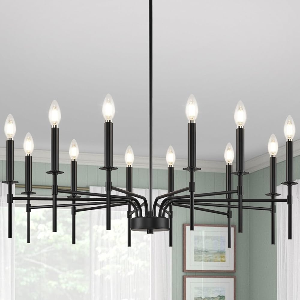 Farmhouse Large Black Chandelier Light Fixture,Modern Chandelier for Dining Room Light Fixture,12 Light Metal Candle Pendant Chandeliers Lighting for Staircase Living Room Foyer Entryway Bedroom