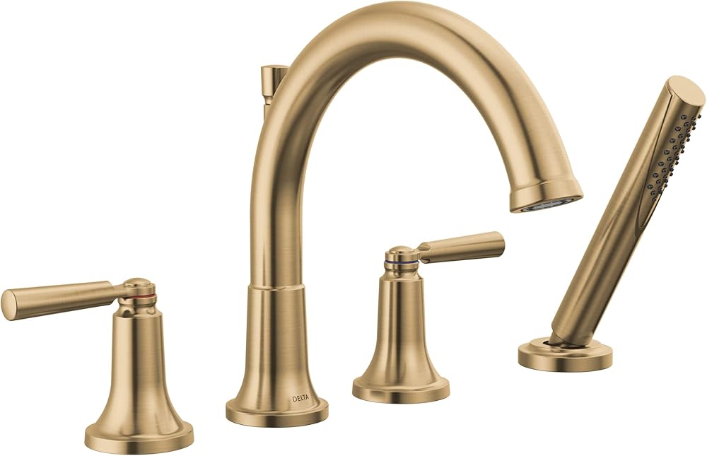 Delta Faucet Saylor Gold Roman Tub Faucet with Handheld Shower, Gold Tub Faucet, Roman Bathtub Faucet, Delta Roman Tub Faucet Gold, Tub Filler, Champagne Bronze T4735-CZ (Valve Not Included)