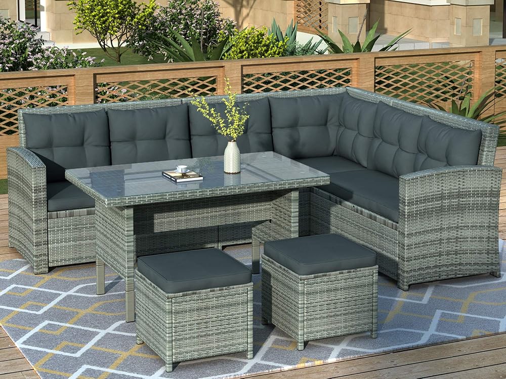 Patio Set 6-Piece Outdoor Dining Chairs with Soft Cushions,Glass Table, Ottomans, Sectional Sofa Conversation Furniture in Rattan for Deck,Backyard, Garden, Gray
