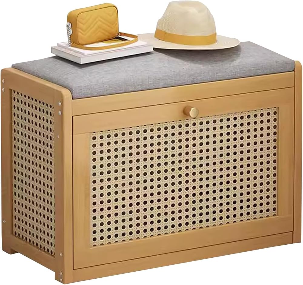 Entryway Shoe Storage Cabinet Bench with Linen Cushion Seat, Wooden 2-Tier Shoe Rack Organizer for Entryway and Hallway,50cm