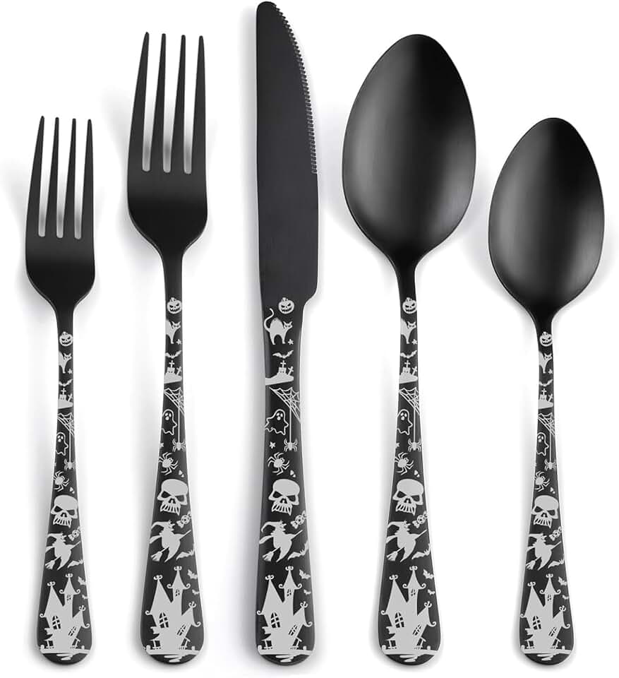 Halloween Black Silverware Cutlery Set for 8,Black Flatware set Gothic Unique Skull Pattern,40 Piece Stainless Steel Knifes Forks Spoons,Eating Utensil for Home Kitchen Restaurant Matte Black