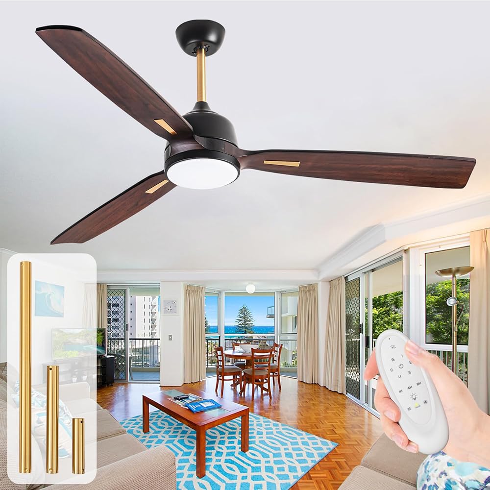 60 Inch Outdoor Ceiling Fans for Patios with Lights and Remote, Gold and Walnut Ceiling Fan, Solid Wood 3 Blades Ceiling Fan, Quiet DC Motor, Large Exterior Ceiling Fan for Porch Commercial