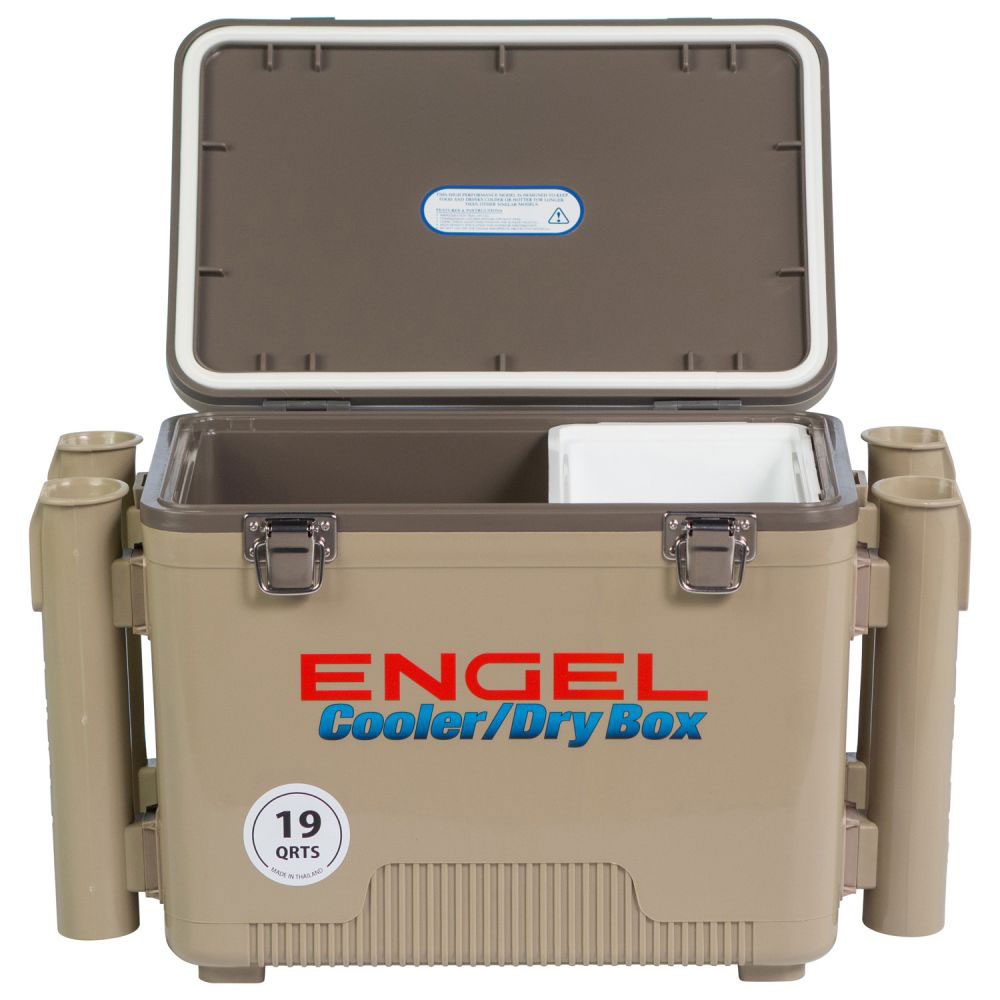 Engel 19 Quart Fishing Rod Holder Attachment Insulated Dry Box Ice Cooler, Tan