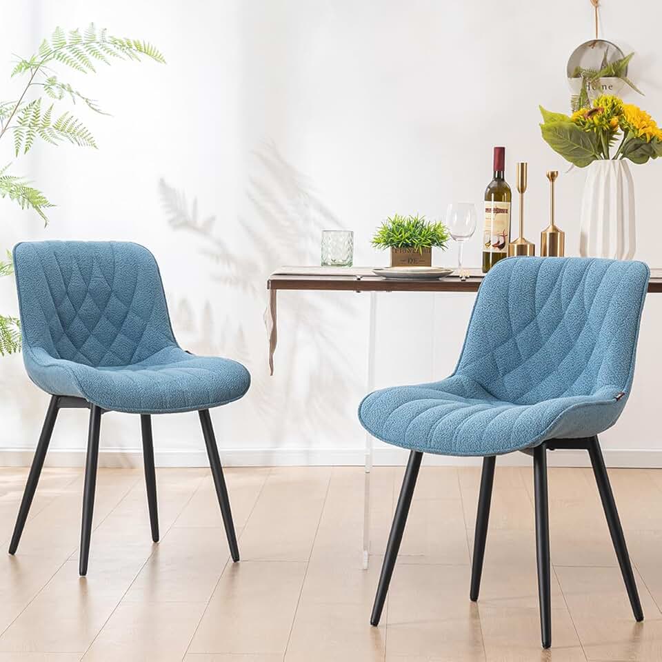 YOUNUOKE Comfortable Dining Chairs Set of 2, Mid-Century Modern Kitchen Dining Room Chairs, Upholstered Backrest Boucle Dining Chair with Black Metal, Sky Blue
