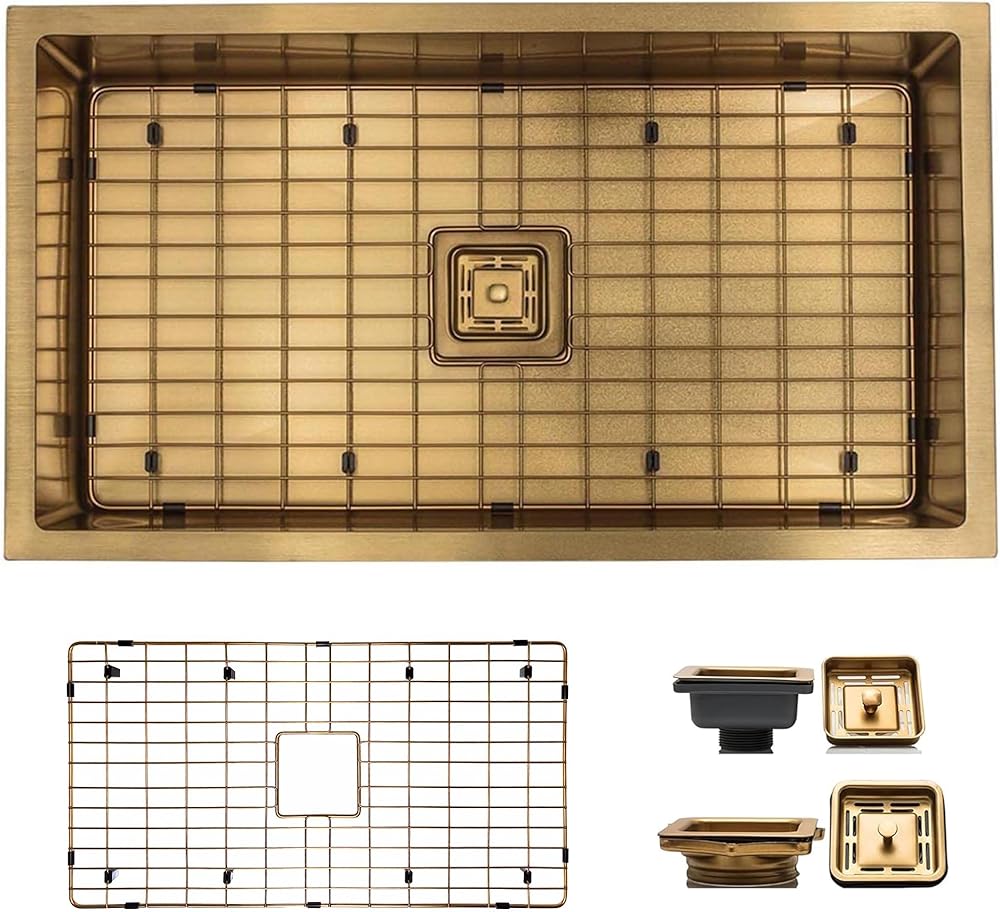 Strictly Sinks 32 Inch Undermount Single Bowl Kitchen Sink – Gold Kitchen Sink Designer Shelf Accessory 16 Gauge Stainless Steel – With Bottom Grid, 1 Strainer Square Drain & 1 Disposal Adapter
