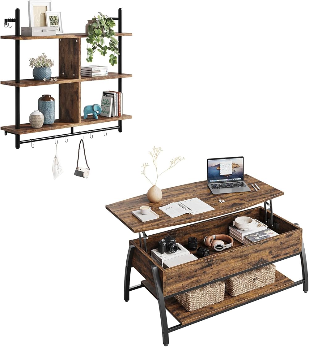 Bestier Lift Top Coffee Table with Storage, Floating Shleves Wall Mounted Kitchen Shelves,41.5inch Furniture Bundle, Rustic Brown