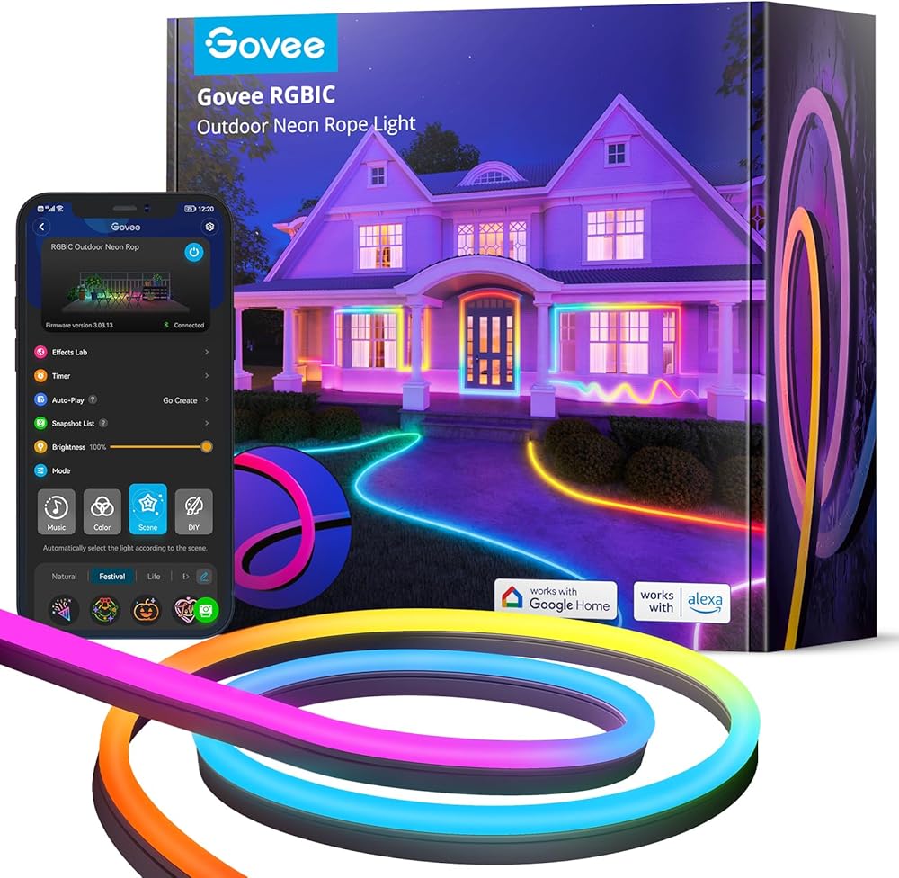 Govee Outdoor Neon Rope Lights, 32.8ft RGBIC IP67 Waterproof Patio Decorations with 64 Scene Modes, Music Sync, Flexible LED Outdoor Lights, Holiday Lights Work with Alexa, Google Assistant