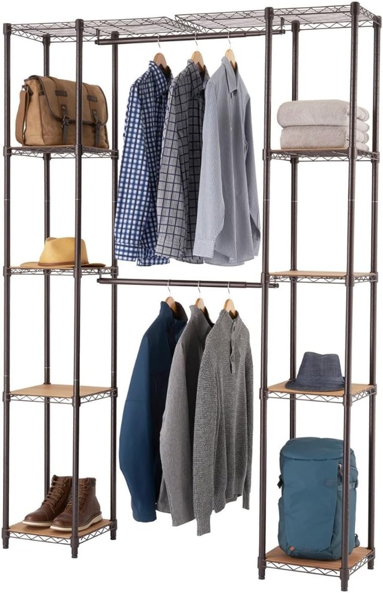 TRINITY EcoStorage Expandable Garment Rack with Bamboo Shelves for Clothing Storage, Closet Organization for Home, Apartment, Dorm Room and More, Dark Bronze, 56-76” W x 14” D x 84” H