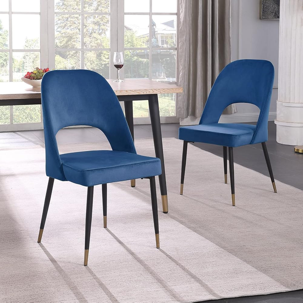 WOKER FURNITURE Dining Chairs Black Legs with Gold Tip Modern Set of 2,Velvet Solid Back Chairs Metal Legs Armless Side Chairs for Living Room Dining Room Modern Style Kitchen Chairs Blue