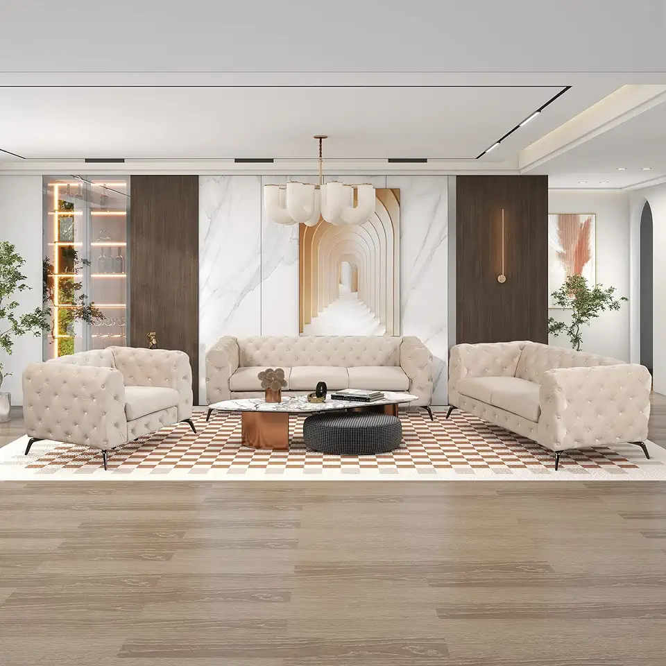 UBGO Living Room Furniture, 3-Piece Sets Including Three Seat, Loveseat and Single Chair,Velvet Upholstered Sofas & Couches with Sturdy Metal Legs, Beige-b