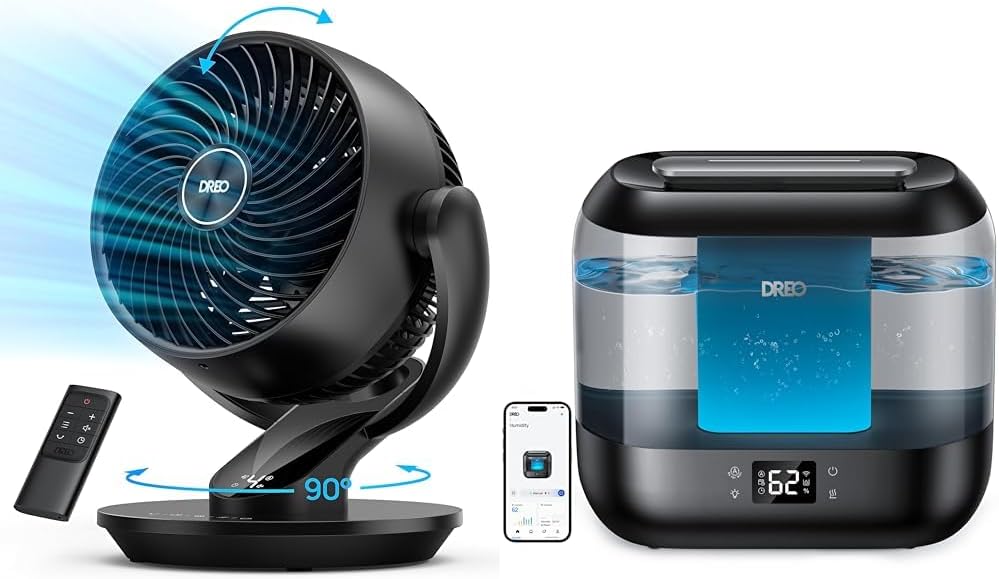 Dreo Fan for Whole Room, 70ft Powerful Airflow, 13 Inch Quiet Oscillating Table Fans with Remote & 4L Smart Humidifiers for Bedroom, Quiet Supersized Cool Mist Ultrasonic Humidifier