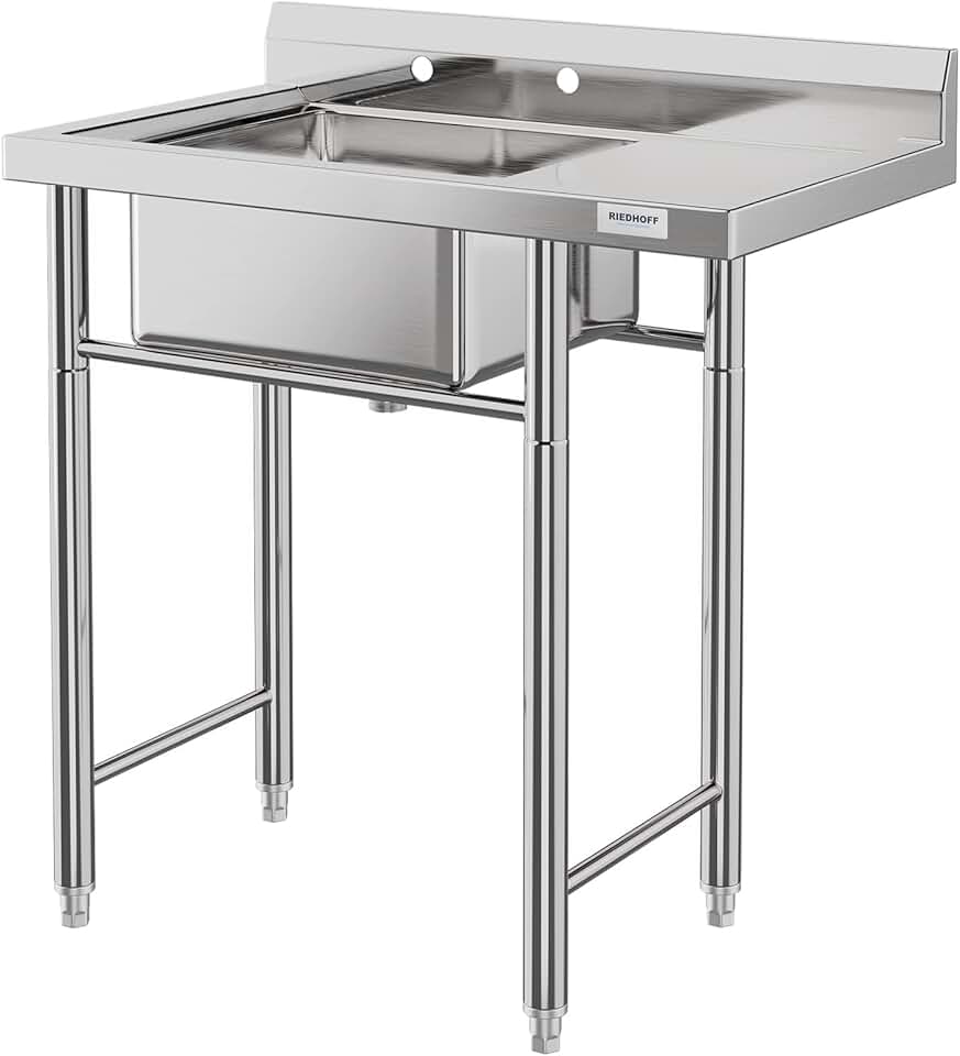 DEXSO Stainless Steel Utility Sink with Drainboard,Free Standing One Compartment Commercial Workbench Sink for Kitchen Restaurant Laundry Backyard Garages Farmhouse,35.8
