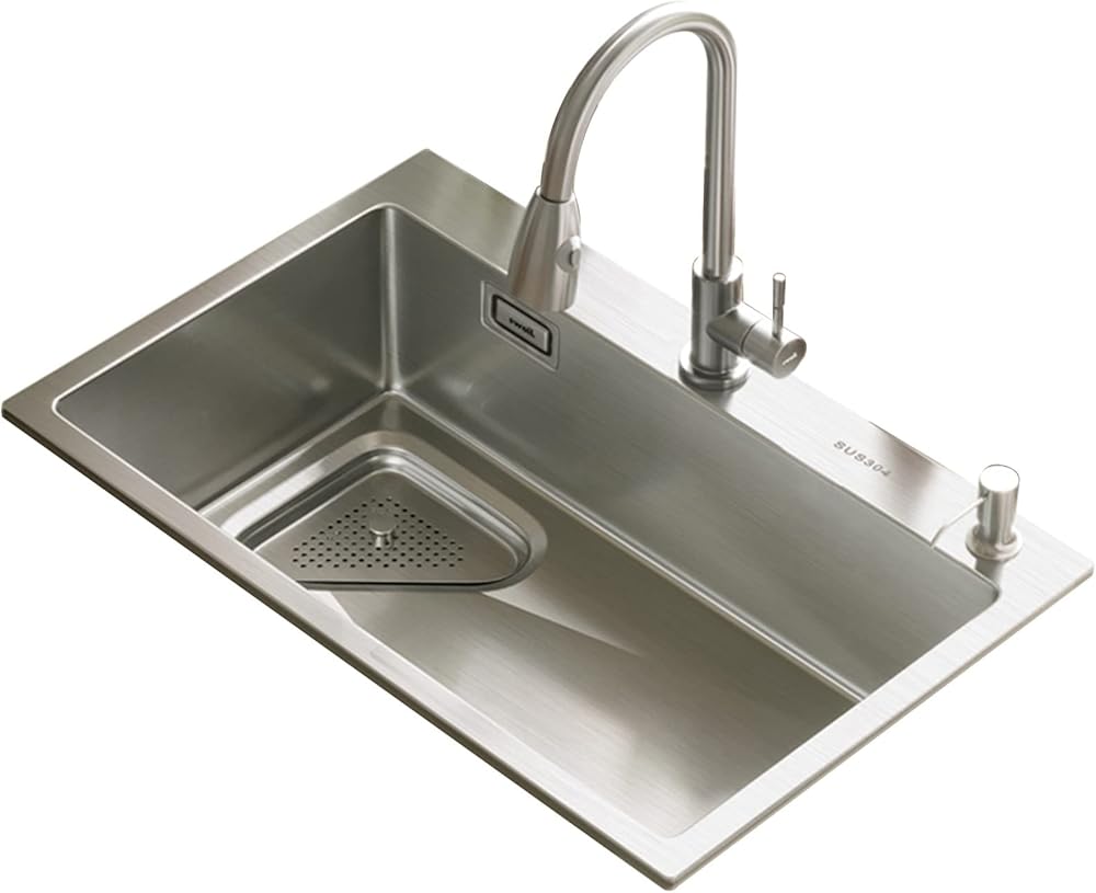 Silver Single Bowl Bar Prep Sink 304 Stainless Steel Kitchen Sink RV Sink with Drain Pipe and Installation Kit Drop in Or Undermount (Color : C-Have Faucet, Size : 68x45x21cm)