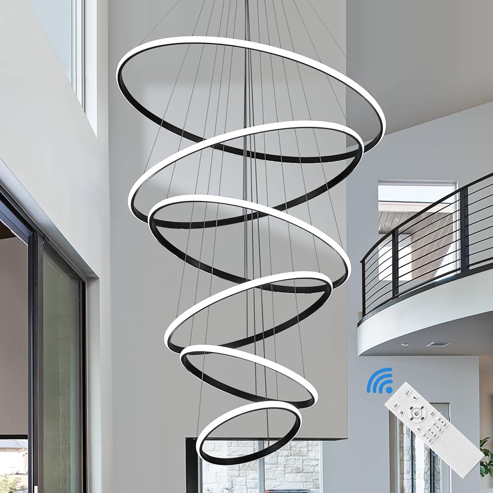 31.5'' Dimmable LED Chandelier, 6 Rings Modern Black Chandelier Lighting for Dining Room with Remote Controller, Larger High Ceiling Chandelier for Flyer,Enterway,Staircase