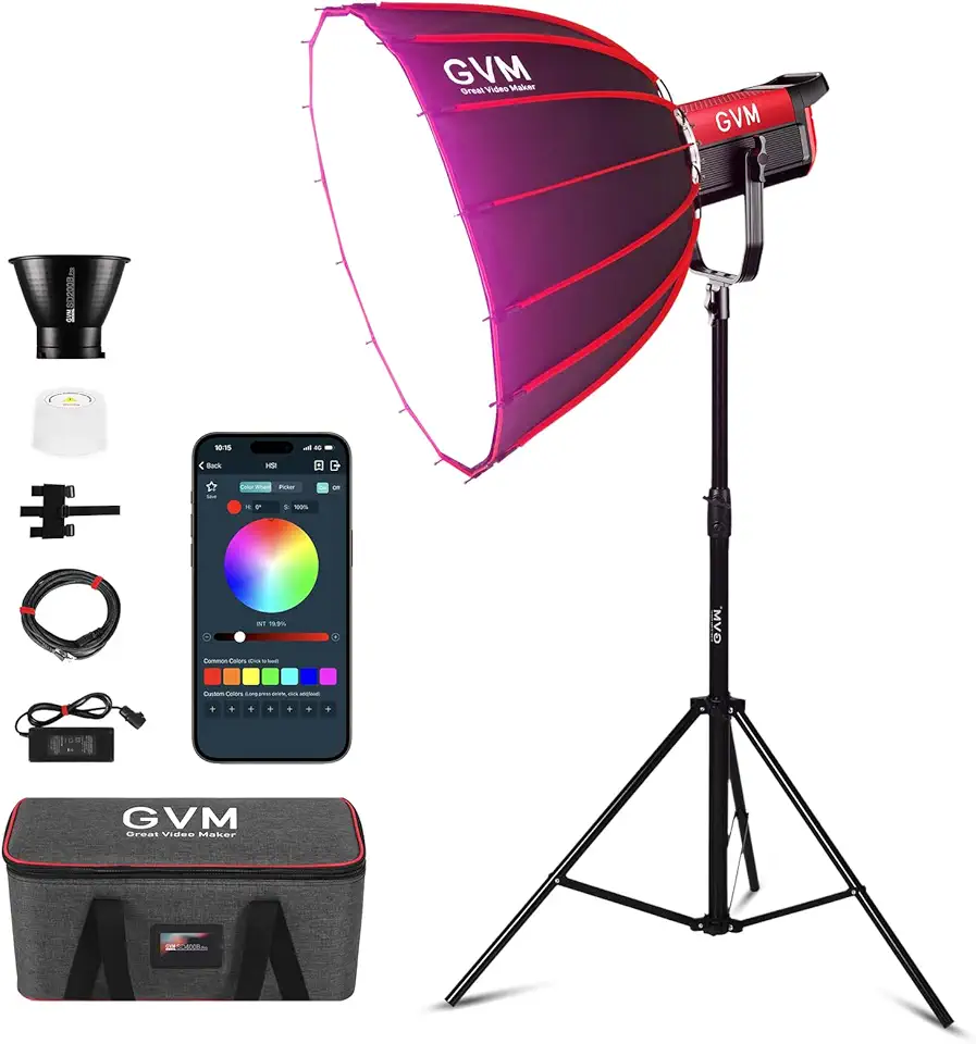 GVM RGB 300C Video Light Kit with Softbox, Photography Lighting for Camera Studio Recording with Bowens Mount, 48200Lux/m COB Filming Lights with APP&DMX, Aluminum Alloy, 2000-10000K with G/M, CRI 97+