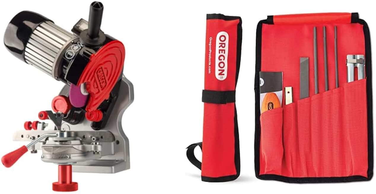 Oregon Professional Compact 120-Volt Bench Grinder Universal Saw Chain Sharpener for All Chainsaw Chains (410-120) & Universal Chainsaw Field Sharpening Kit