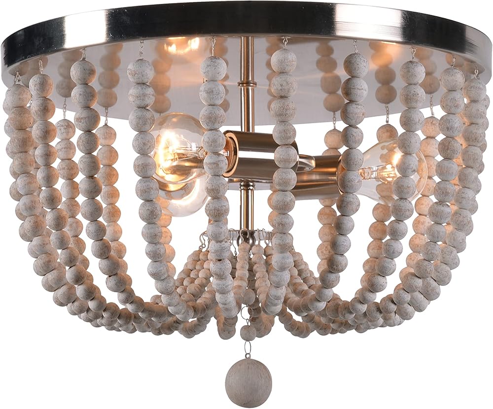 Casual 3 Light Wood Bead Flush Mount ,11 Inch Height, 16 Inch Diameter with Brushed Steel Finish w/Distressed White Wood Beads