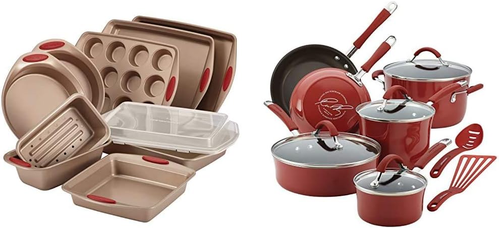 Rachael Ray 52410 Cucina Nonstick Bakeware Set with Baking Pans, Baking Sheets, Cookie Sheets, Cake Pan and Bread Pan - 10 Piece & Cucina Nonstick Cookware Pots and Pans Set, 12 Piece, Cranberry Red