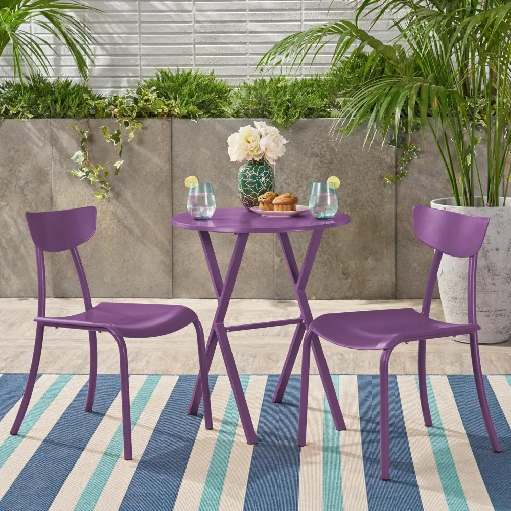 Fletcher Outdoor 3 Piece Iron Bistro Set, Matte Purple