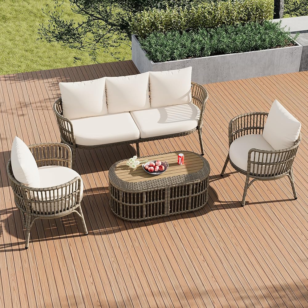 4-Piece Rattan Outdoor Patio Conversation Seating Set for 5 and Coffee Table for Porch, Backyard and Garden, Brown