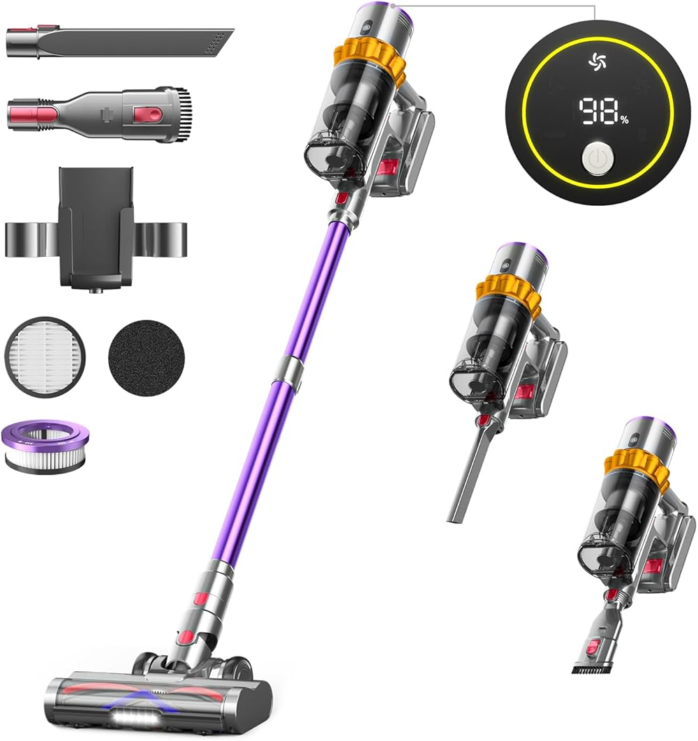Cordless Vacuum Cleaner, 550W/45Kpa Vacuum Cleaners for Home with LED Screen, Up to 60 Mins Runtime, Noise Reduction Tech, 1.6L Dust Cup, Anti-Tangle Stick Vacuum for Pet Hair Carpet and Hardfloor