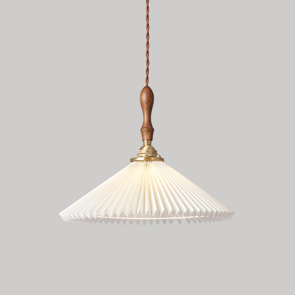 White Pleated Pendant Light Walnut Mini Chandelier Lighting Fixture, Single Head Ceiling Hanging Lights E27 Copper Suspended Lamps for Dining Room Kitchen Island Bedroom