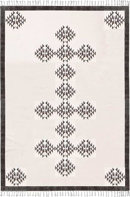 Kilim Rug 10 Square Area Rug Beige Black Cotton Area Rug Boho Rug Easy Washable Rug Flatweave Rugs for Large Bedroom Square Dining Table Hall Room Patio Doormat