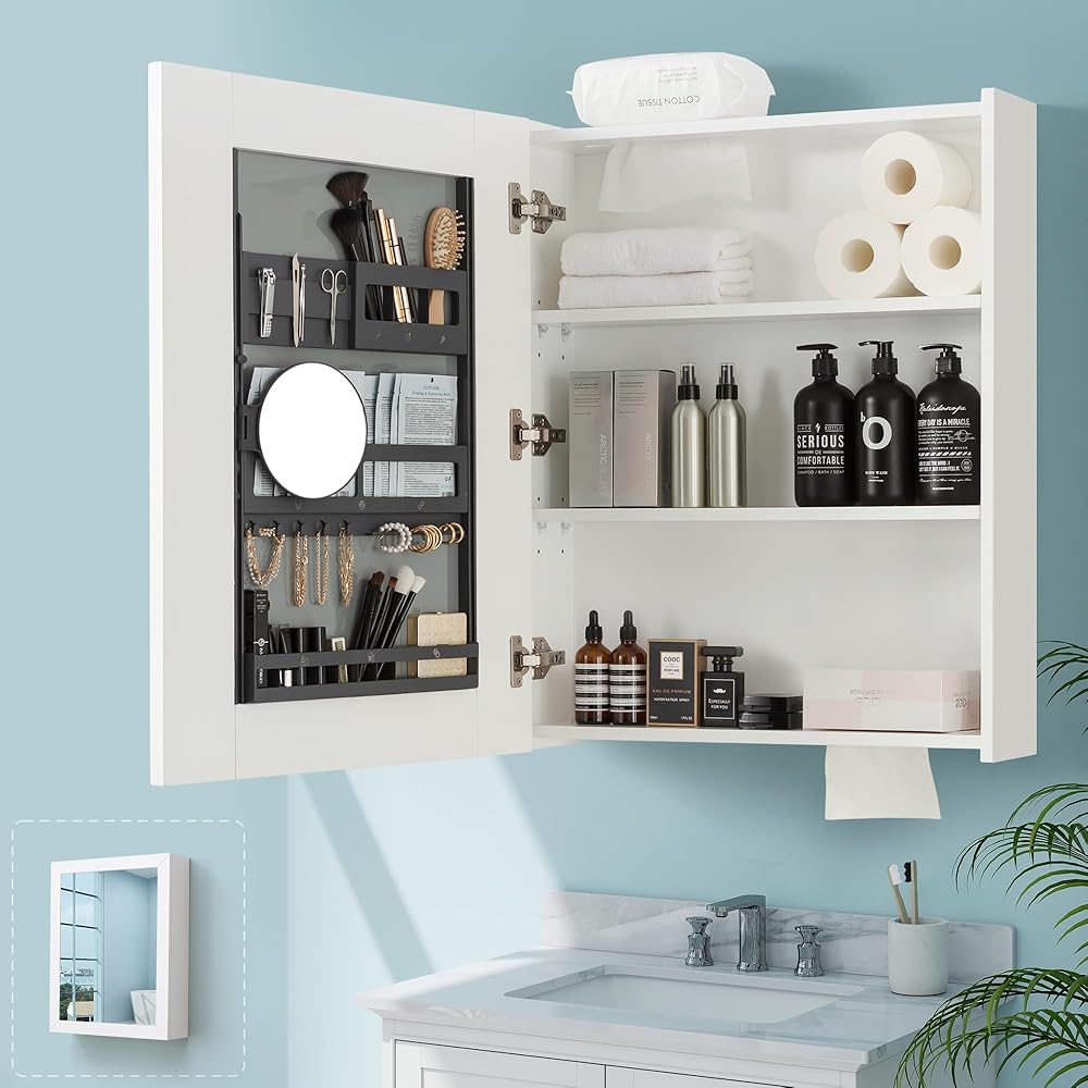 Bathroom Mirror Cabinet - Large Single Door 24x30 inchs Bathroom Mirror with Storage Medicine Cabinet Mirror with Buffering Hinge Adjustable Shelves Durable and MDF Construction