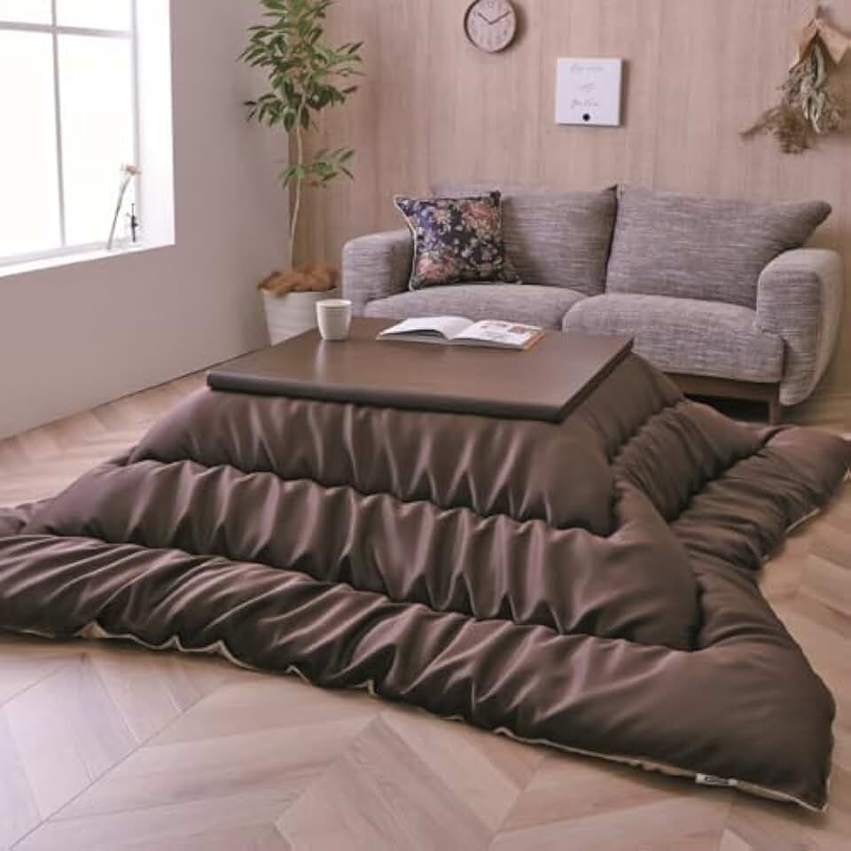 IKEHIKO Kotatsu Futon Comforter, Fluffy Premium Cotton Flannel, Kotatsu Square Rectangle Shape Brown Blanket Heater Table, Japanese Futon Craftsman, Made in Japan 2608 (205×205cm)