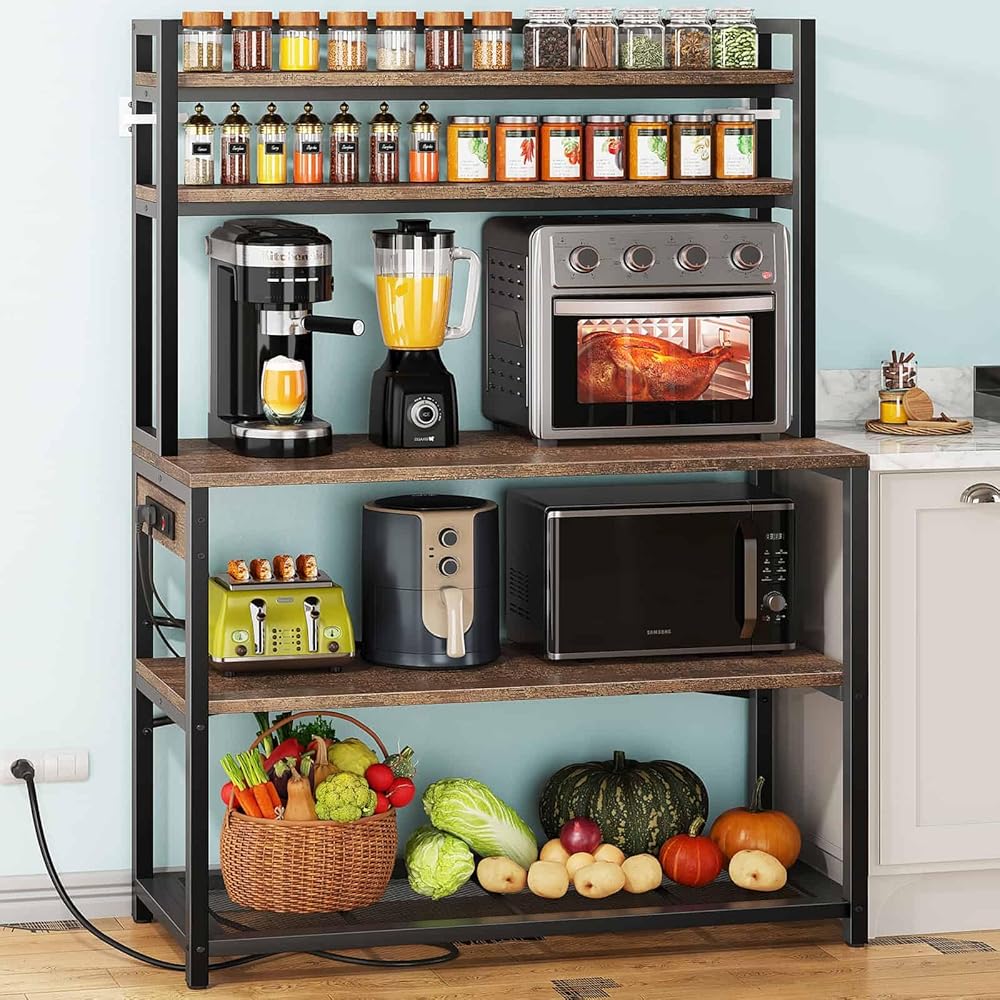 39.4 Inch Wide Large Bakers Rack with 3 Power Outlets, 5 Tiers Microwave Stand with Storage, Freestanding Kitchen Stand, Coffee Bar Station