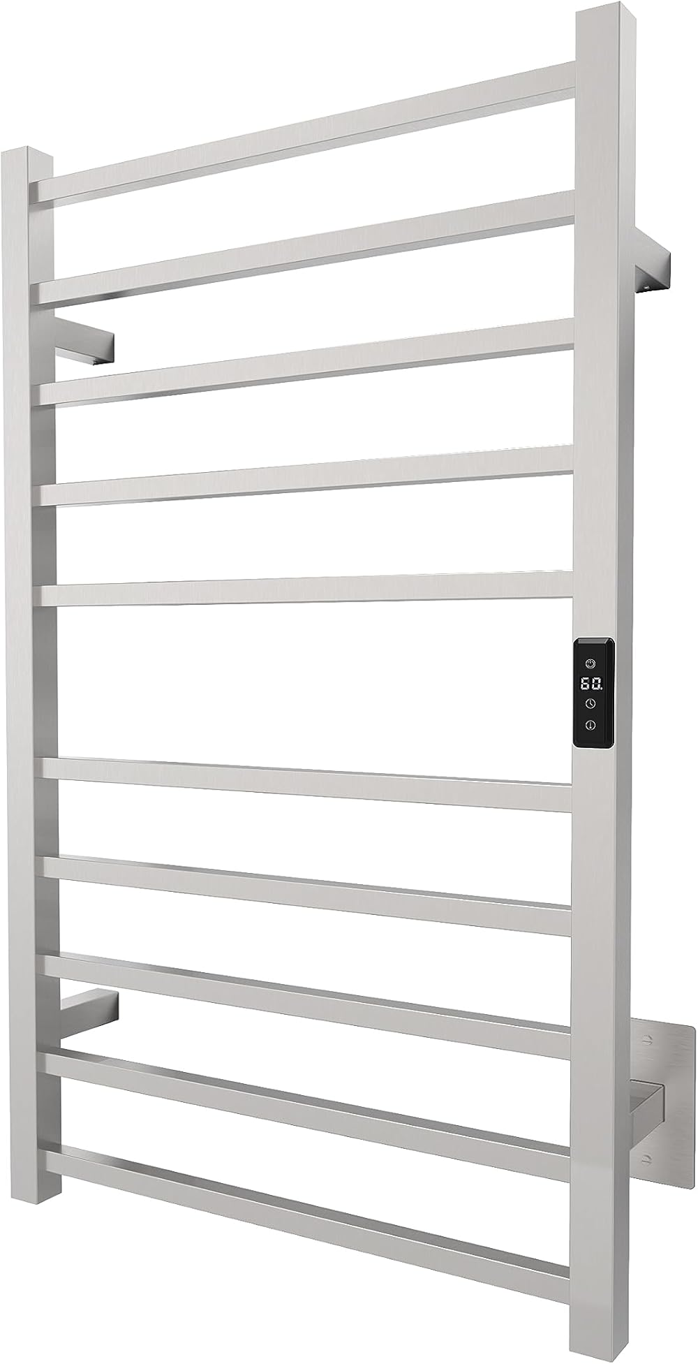 Odass | Towel Warmer | Built-in Timer with Led Indicators | Timer Modes: 1 H to 8 H, ON/Off | Temperature 30 to 60 °C (86 to 140 °F) | Wall Mounted | 10 Square Bars | Brush