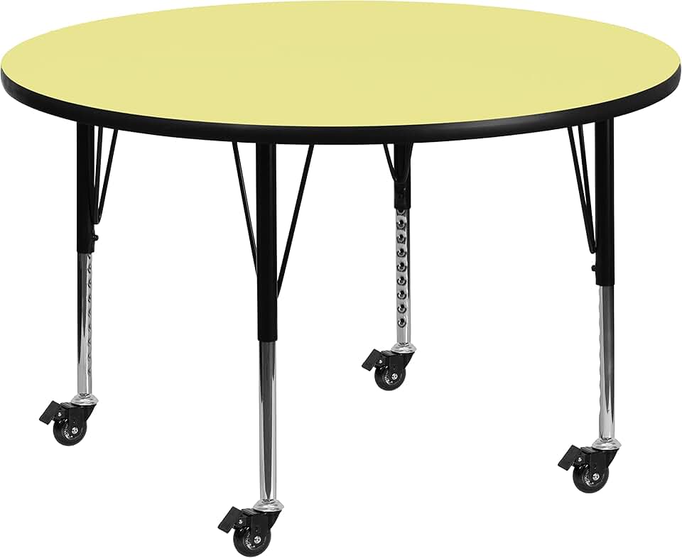 Flash Furniture Wren Mobile 42'' Round Yellow Thermal Laminate Activity Table - Height Adjustable Short Legs