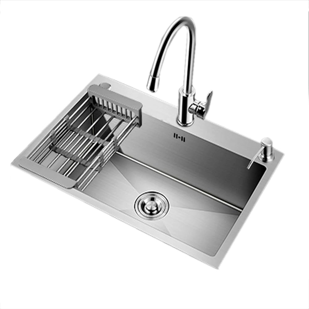 Kitchen Sink Silver Single Sink Nano Stainless Steel Dishwashing Sink Domestic Hand Wash Sink with Faucets and Soap Dispensers (Color : Silver, Size : 55x45cm)