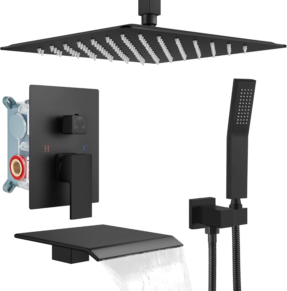 gotonovo Rain Shower System Rainfall Shower Head Combo Shower Faucet Set with Waterfall Bathtub Spout Handheld Shower Ceiling Mount Rough-in Valve Kit Included 12