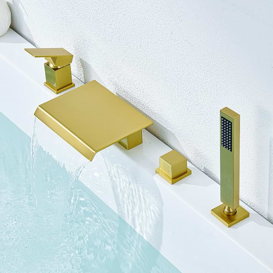 Roman Tub Faucet Waterfall Tub Filler Faucet with Hand Shower Sprayer, Brushed Gold Deck Mount Solid Brass Tub Filler Bathroom Faucets, 4 Holes Widespread Shower Faucet Set, 04112BG