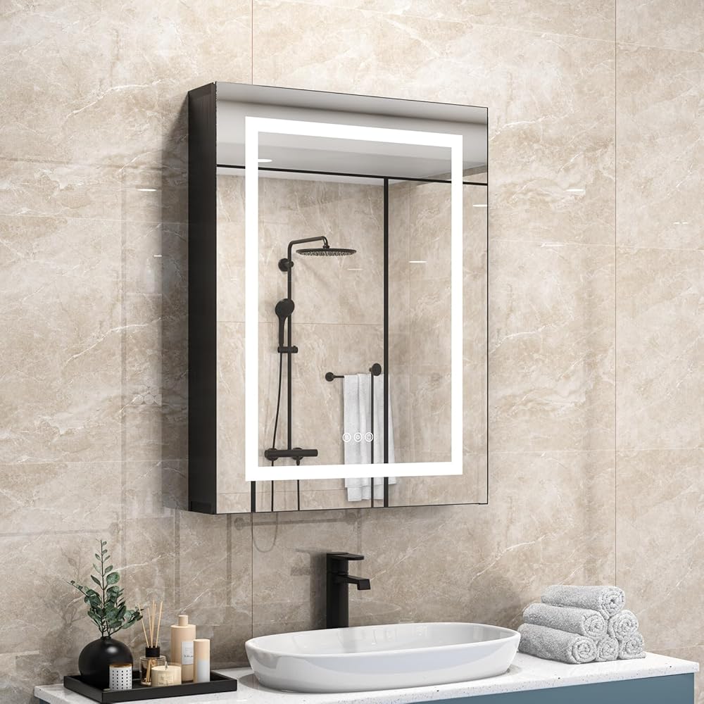 LED Bathroom Cabinet, Wall Mounted Medicine Cabinet with LED Mirror 3 Colors Changeable & Dimmable Brightness, Anti-Fog Function (Black, 32X24)