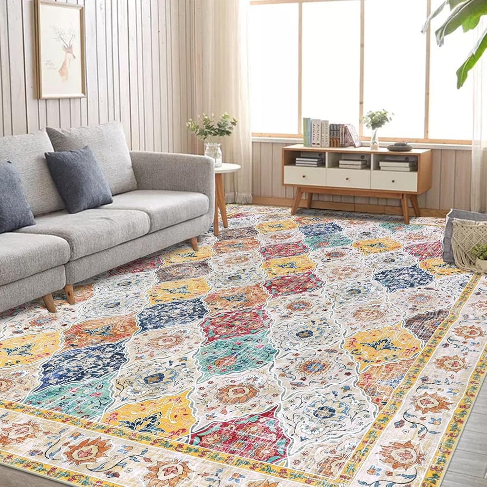 HEBE Washable Area Rug 9'x12' Non Slip Soft Distressed Medallion Bedroom Rug Boho Living Room Rug Accent Throw Rugs Vintage Entry Rug Floor Carpet for Dining Room Bathroom