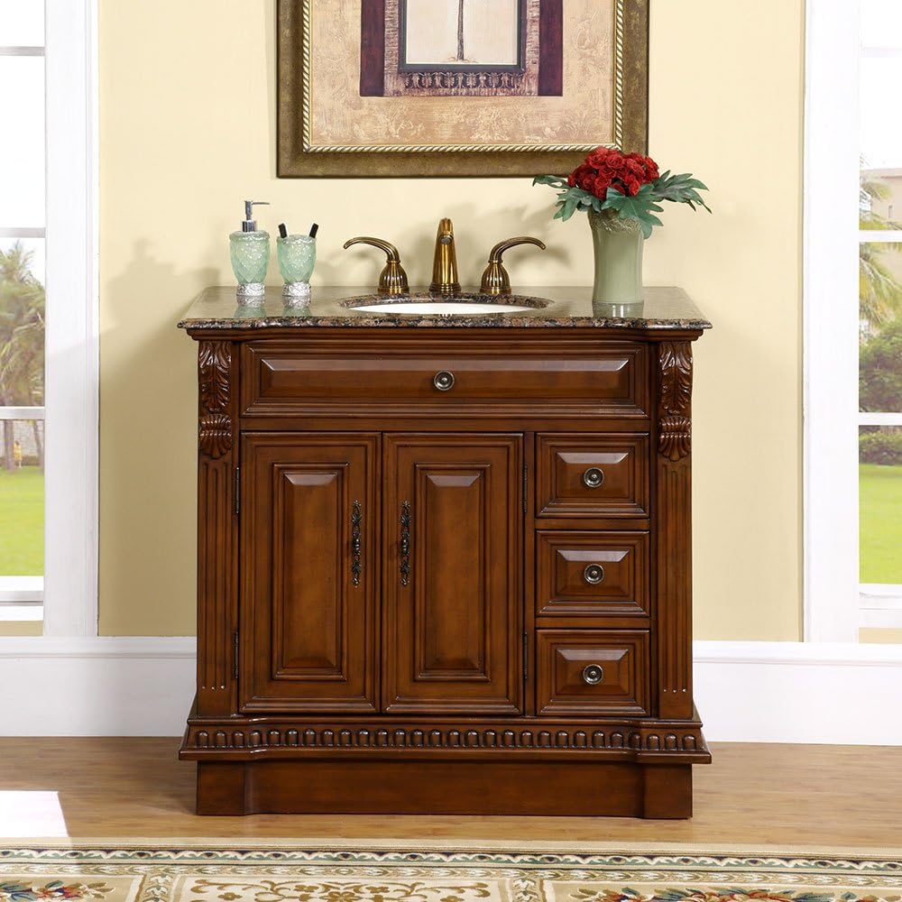 Silkroad Exclusive HYP-0211-BB-UIC-38 Countertop Granite Stone Single Sink Bathroom Vanity with Cabinet, 38